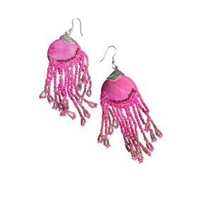 Vintage Pink Dyed Shell Beaded Dangle Earrings Silver Tone 4.25" 16.48g Estate